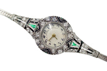 画像をギャラリービューアに読み込む, Important Art Deco Black, Starr, and Frost Platinum Diamond Emerald Wristwatch
