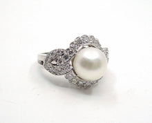 Load image into Gallery viewer, Elegant Vintage Diamond Pearl Halo Rosette 18k Gold Engagement Statement Cocktail Ring