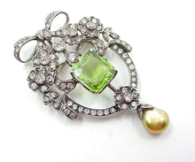Load image into Gallery viewer, Belle Époque 5.00 Ct Periodot Diamond Gold Ribbon Bow Pendant/Brooch--Stunning