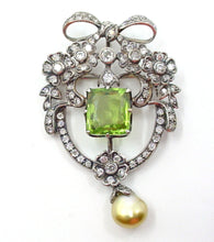 Load image into Gallery viewer, Belle Époque 5.00 Ct Periodot Diamond Gold Ribbon Bow Pendant/Brooch--Stunning