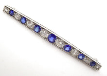 Load image into Gallery viewer, Luminous Art Deco Platinum Diamond Sapphire Brooch Bar Pin