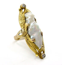 Load image into Gallery viewer, Lyrical and Lovely River Pearl Art Nouveau Diamond Yellow Gold Ring