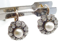Load image into Gallery viewer, Antique Edwardian 1.80 Ct Diamond Pearl Halo Drop Silver Top Gold Earrings