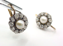 Load image into Gallery viewer, Antique Edwardian 1.80 Ct Diamond Pearl Halo Drop Silver Top Gold Earrings