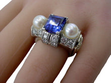 Load image into Gallery viewer, Superb Platinum Diamond Sapphire Pearl Retro Cocktail "Tank" Ring--Stunning~