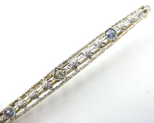 Load image into Gallery viewer, Edwardian Sapphire Diamond Platinum Topped 14k Gold Bar Pin Brooch