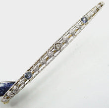 Load image into Gallery viewer, Edwardian Sapphire Diamond Platinum Topped 14k Gold Bar Pin Brooch