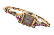 Charger l'image dans la galerie, Retro 1940s Helbros Ruby Diamond 14k Rose Gold Bracelet Watch