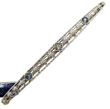 Load image into Gallery viewer, Edwardian Sapphire Diamond Platinum Topped 14k Gold Bar Pin Brooch