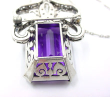 Charger l'image dans la galerie, Stunning Retro 1940s Amethyst Diamond Palladium Pendant Brooch w/ Platinum Chain