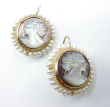 Load image into Gallery viewer, Vintage MOP Carved Cameo Seed Pearl 14k Gold Drop Earrings