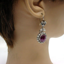 Load image into Gallery viewer, Romantic Antique European 2.00 Ct. Diamond Ruby Silver Top Gold Halo Earrings