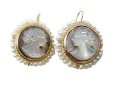 Load image into Gallery viewer, Vintage MOP Carved Cameo Seed Pearl 14k Gold Drop Earrings