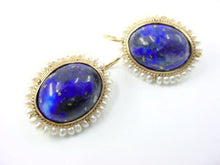 Load image into Gallery viewer, Vibrant Blue Lapis Lazuli Seed Pearl Halo 14k Gold Drop Earrings