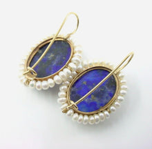Load image into Gallery viewer, Vibrant Blue Lapis Lazuli Seed Pearl Halo 14k Gold Drop Earrings