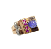 Load image into Gallery viewer, Handsome Retro 1940 Star Sapphire Ruby Diamond 14k Gold "Tank" Cocktail Ring