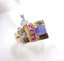 Load image into Gallery viewer, Handsome Retro 1940 Star Sapphire Ruby Diamond 14k Gold "Tank" Cocktail Ring