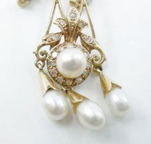 Load image into Gallery viewer, Vintage Antique European Diamond Pearl 14K Yellow Gold Ear Pendant Drop Earrings