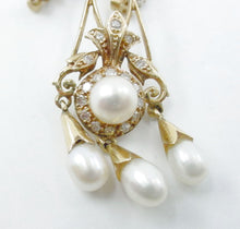 Carica l'immagine nel visualizzatore di Gallery, Vintage Antique European Diamond Pearl 14K Yellow Gold Ear Pendant Drop Earrings