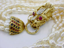 Load image into Gallery viewer, Dramatic Gem Set 14K Gold Dragon Clasp Multi Strand Pearl Torsade Necklace