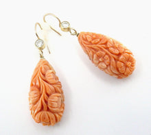 Load image into Gallery viewer, Large Intricately Carved Coral .58 ct Diamond 14k Yellow Gold Drop Earrings