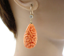 Load image into Gallery viewer, Large Intricately Carved Coral .58 ct Diamond 14k Yellow Gold Drop Earrings