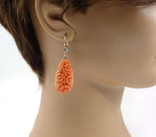 Load image into Gallery viewer, Large Intricately Carved Coral .58 ct Diamond 14k Yellow Gold Drop Earrings