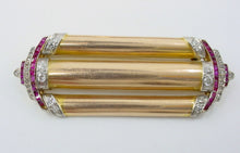 Load image into Gallery viewer, Stunning 1940's Retro Ruby Diamond 14K Rose Gold Platinum Triple Row Bar Brooch