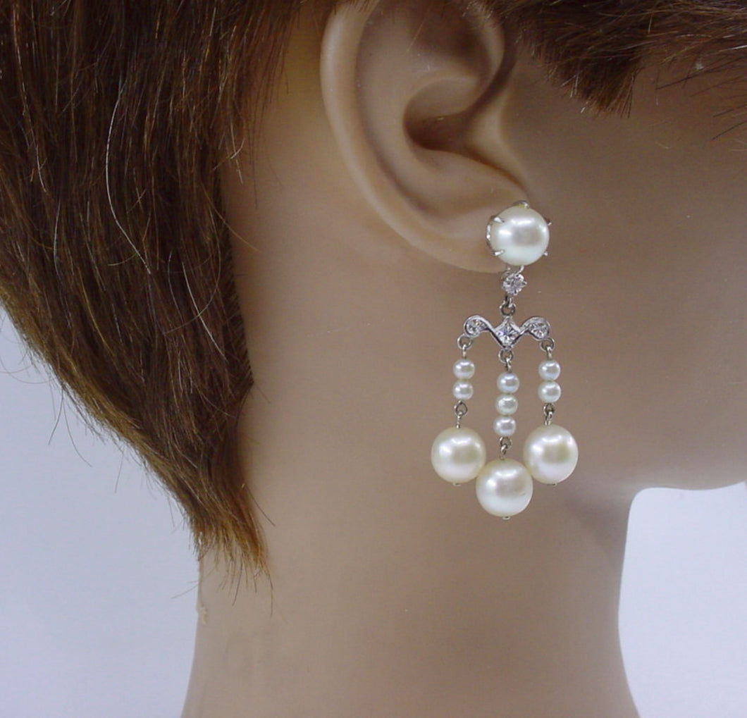 Vintage Edwardian Girandole 3-Drop Pearl Diamond Pearl White Gold Drop Earrings