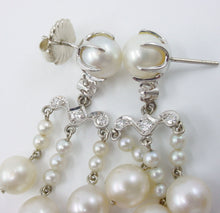 Load image into Gallery viewer, Vintage Edwardian Girandole 3-Drop Pearl Diamond Pearl White Gold Drop Earrings
