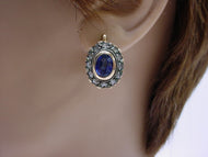 Antique European Sapphire Old Cut Diamond Gold Halo Earrings