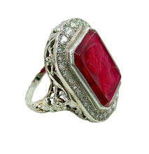 Carica l&#39;immagine nel visualizzatore di Gallery, Rare Art Deco Carved Glass Cameo Diamond 18k White Gold Halo Ring--Old European Cut
