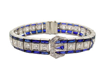 画像をギャラリービューアに読み込む, Stunning Art Deco Platinum 2.88 ct. Diamond Sapphire Buckle Strap Bracelet--Small Size
