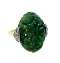 画像をギャラリービューアに読み込む, Handsome 14k Gold Cocktail Ring--Art Deco Carved Jade Diamond
