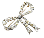 Lovely Platinum Belle Époque Diamond Pearl Gold Ribbon Bow Pin Brooch