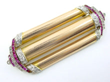 画像をギャラリービューアに読み込む, Stunning 1940&#39;s Retro Ruby Diamond 14K Rose Gold Platinum Triple Row Bar Brooch
