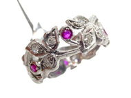 Vintage Deco Platinum Foliate Leaf Flower Ruby Diamond Wide Eternity Band Ring