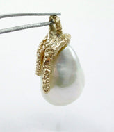 Large Luminous Natural Baroque Pearl Artisan 14k Yellow Pendant Gold Necklace