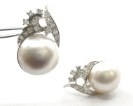 Vintage Diamond Mabe Pearl Spray Feather Omega Clip Drop Earrings