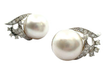 Load image into Gallery viewer, SALE--Vintage Diamond Mabe Pearl Spray Feather Omega Clip Drop Earrings
