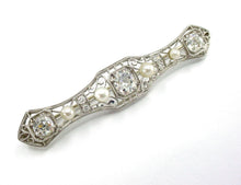 Charger l&#39;image dans la galerie, Lovely Platinum Belle Epoque 1.55 European Diamond Pearl Gold Barette Pin Brooch
