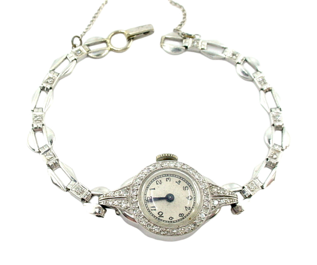 Vintage Art Deco Platinum Diamond 14k White Gold Bracelet Watch