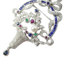 Charger l&#39;image dans la galerie, Art Deco GIARDINETTI Diamond  Emerald Ruby Flower Basket 18k Pendant Pin-15g
