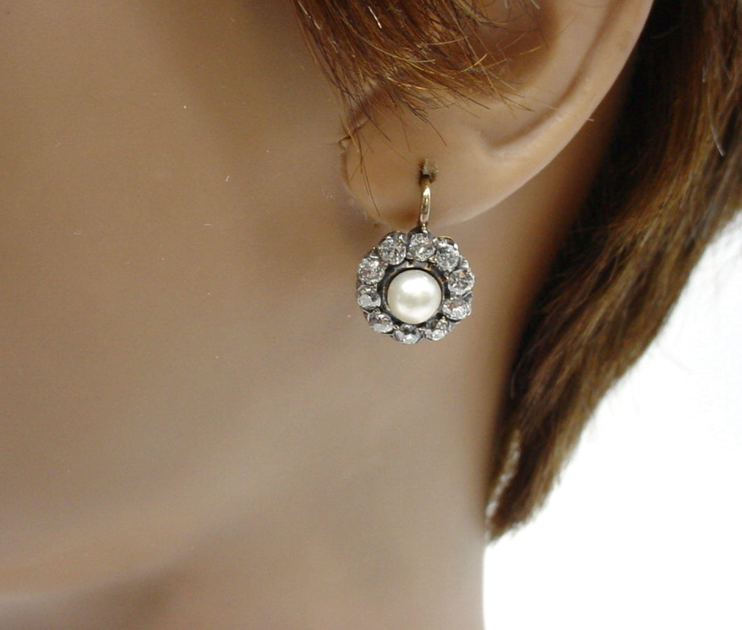 Antique Edwardian 1.80 Ct Diamond Pearl Halo Drop Silver Top Gold Earrings