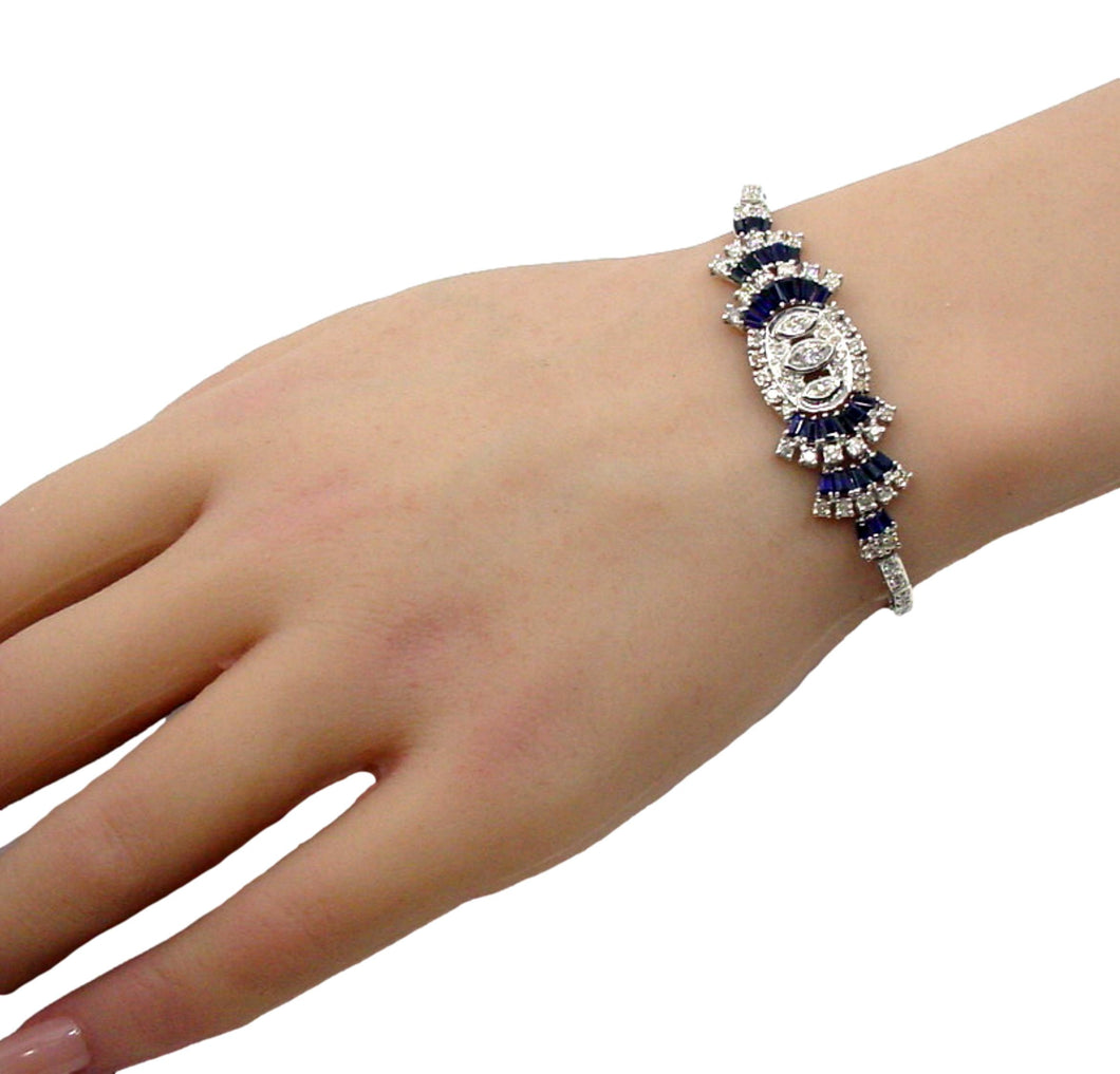 Gorgeous 2.00 Ct. Sapphire 1.62 Ct Diamond 18k White Gold Strap Bracelet--Small