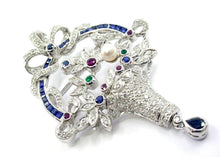 Charger l&#39;image dans la galerie, Art Deco GIARDINETTI Diamond  Emerald Ruby Flower Basket 18k Pendant Pin-15g
