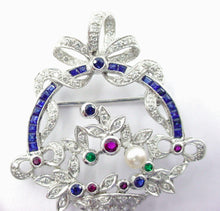 Charger l&#39;image dans la galerie, Art Deco GIARDINETTI Diamond  Emerald Ruby Flower Basket 18k Pendant Pin-15g
