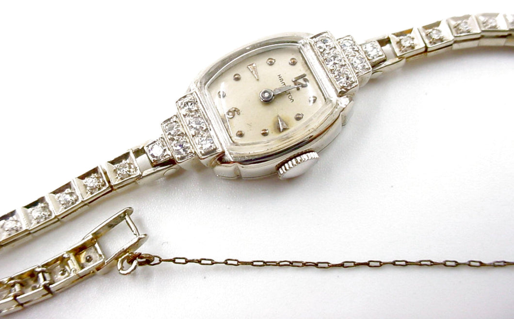 Vintage Hamilton Diamond 14k White Gold Diamond Set Bracelet Watch