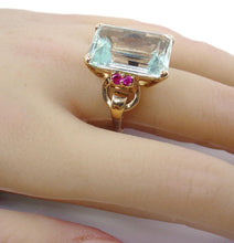 Load image into Gallery viewer, Stunning Retro 1940s Aquamarine Ruby 14k Rose Gold Cocktail Ring
