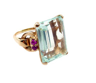 Stunning Retro 1940s Aquamarine Ruby 14k Rose Gold Cocktail Ring